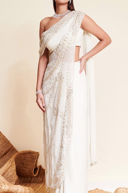 Reeti Arneja_Ivory Georgette Cut Work, Dove Pre-stitched Pearl Embroidered Saree Gown _Online_at_Aza_Fashions