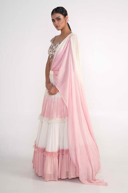 Merge Design_Ivory Net, Modal, Chiffon Sequins, Cut Work Embroidered Blouse Lehenga Set _at_Aza_Fashions