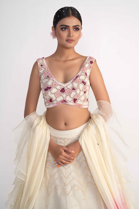 Merge Design_Ivory Net, Organza, Chiffon Sequins, Pearls, Embroidery Chevron Lehenga Set _Online_at_Aza_Fashions