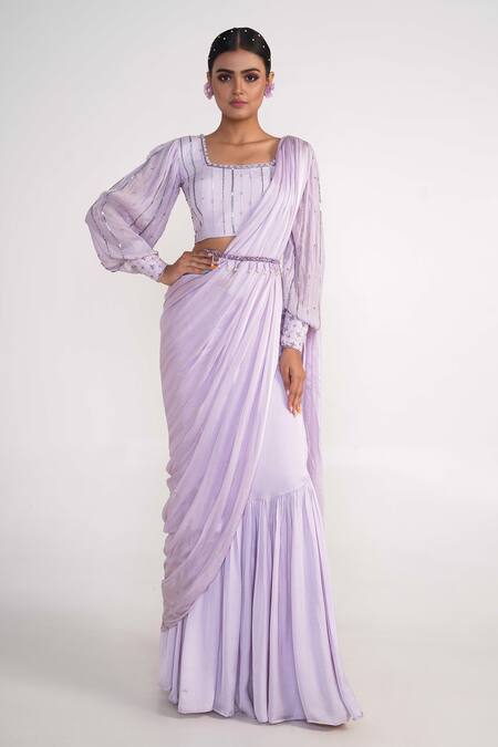 Merge Design_Purple Modal, Silk, Chiffon Sequins, Embroidery Solid Pre-draped Saree Set _Online_at_Aza_Fashions