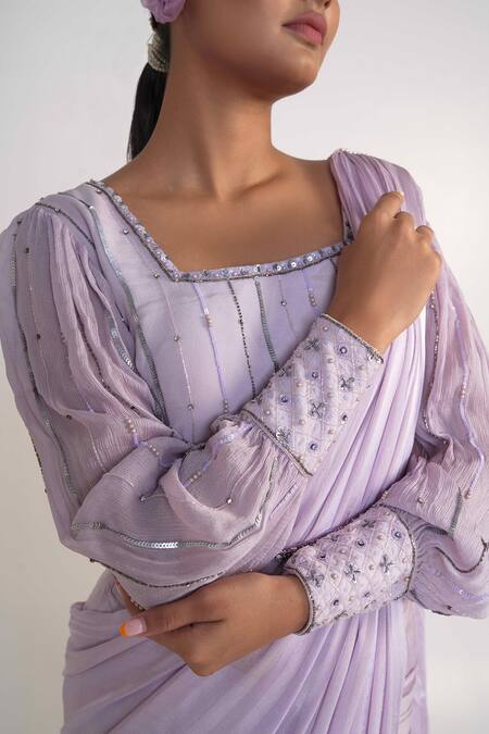 Buy_Merge Design_Purple Modal, Silk, Chiffon Sequins, Embroidery Solid Pre-draped Saree Set _Online_at_Aza_Fashions