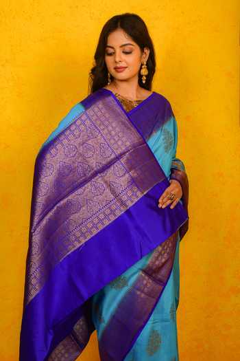 Naaritva India_Blue Chinon, Silk Antique Floral Handwoven Banarasi Saree With Running Blouse_Online_at_Aza_Fashions