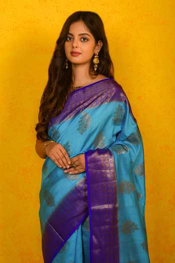 Buy_Naaritva India_Blue Chinon, Silk Antique Floral Handwoven Banarasi Saree With Running Blouse_Online_at_Aza_Fashions