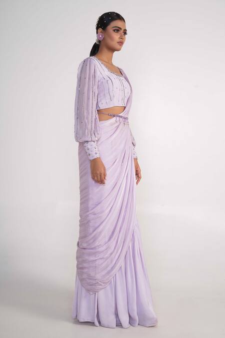Shop_Merge Design_Purple Modal, Silk, Chiffon Sequins, Embroidery Solid Pre-draped Saree Set _Online_at_Aza_Fashions