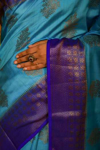 Shop_Naaritva India_Blue Chinon, Silk Antique Floral Handwoven Banarasi Saree With Running Blouse_Online_at_Aza_Fashions