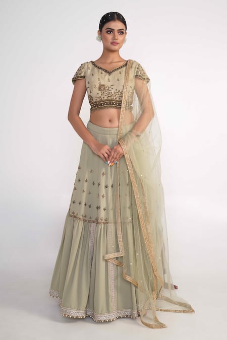 Merge Design_Green Velvet, Georgette, Net Pearls, Sequins Floral Embroidered Lehenga Set _Online_at_Aza_Fashions