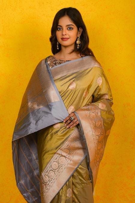 Buy_Naaritva India_Gold Kota Doria, Floral Meenakari Handwoven Banarasi Saree With Running Blouse _Online_at_Aza_Fashions