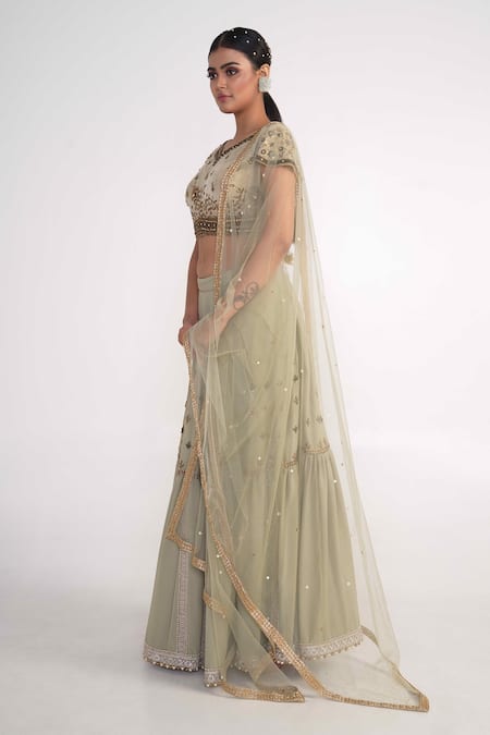 Buy_Merge Design_Green Velvet, Georgette, Net Pearls, Sequins Floral Embroidered Lehenga Set _Online_at_Aza_Fashions