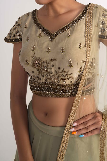Shop_Merge Design_Green Velvet, Georgette, Net Pearls, Sequins Floral Embroidered Lehenga Set _Online_at_Aza_Fashions