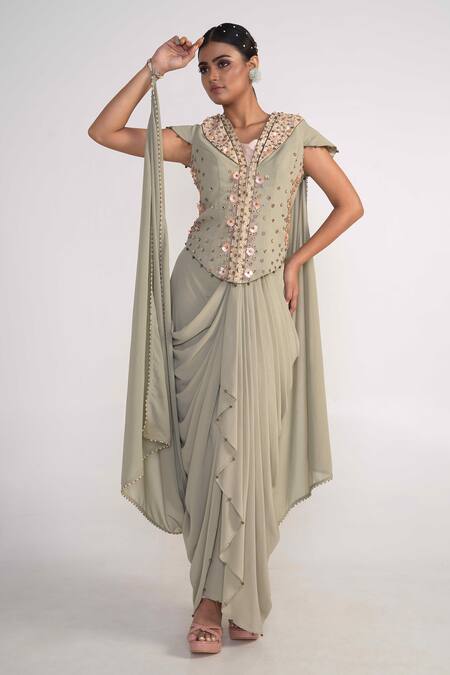 Merge Design_Green Georgette, Modal Sequins, Stones V-neck Draped Jacket And Skirt Set _Online_at_Aza_Fashions