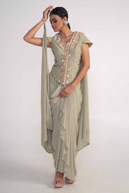 Buy_Merge Design_Green Georgette, Modal Sequins, Stones V-neck Draped Jacket And Skirt Set _Online_at_Aza_Fashions