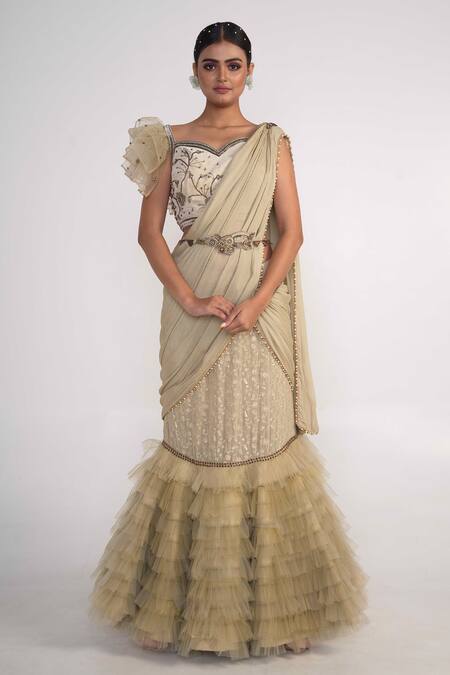 Merge Design_Green Velvet Pearls, Sequins, Floral Embroidered Lehenga Saree With Blouse _Online_at_Aza_Fashions