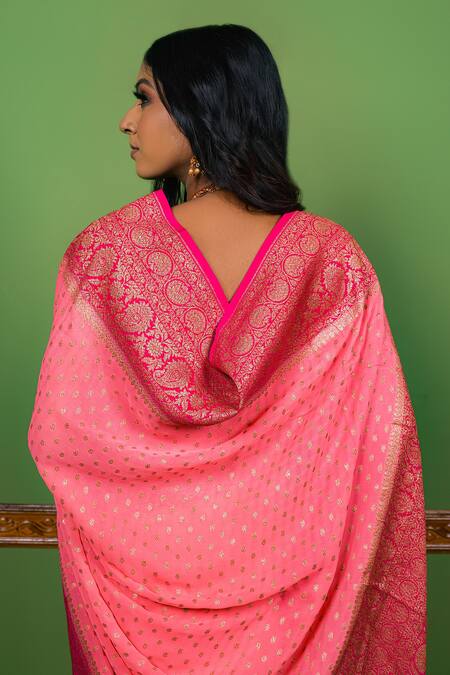 Naaritva India_Coral Handloom Cotton, Floret Handwoven Banarasi Saree With Running Blouse _Online_at_Aza_Fashions
