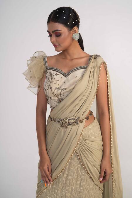 Buy_Merge Design_Green Velvet Pearls, Sequins, Floral Embroidered Lehenga Saree With Blouse _Online_at_Aza_Fashions