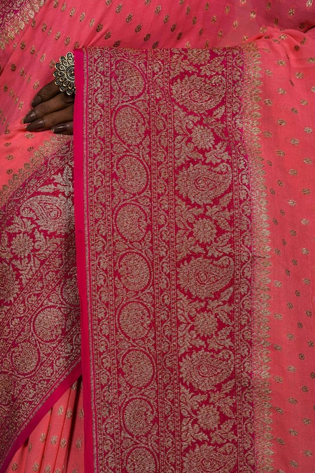 Buy_Naaritva India_Coral Handloom Cotton, Floret Handwoven Banarasi Saree With Running Blouse _Online_at_Aza_Fashions