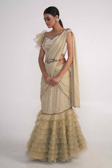 Shop_Merge Design_Green Velvet Pearls, Sequins, Floral Embroidered Lehenga Saree With Blouse _Online_at_Aza_Fashions