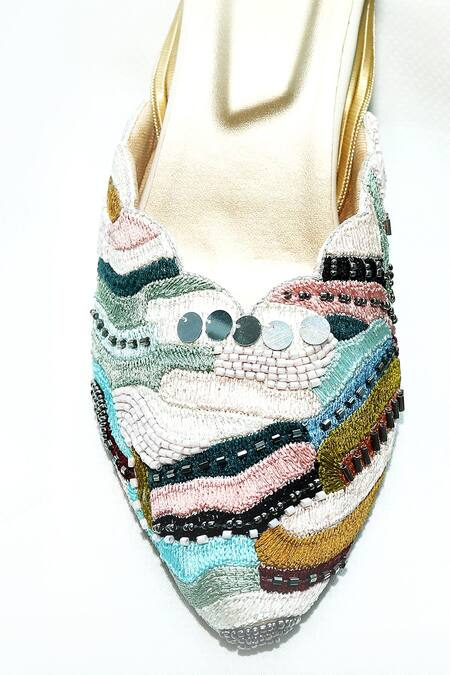 Foot Fuel_Cream Embroidery Adrian Thread Block Heels _Online_at_Aza_Fashions