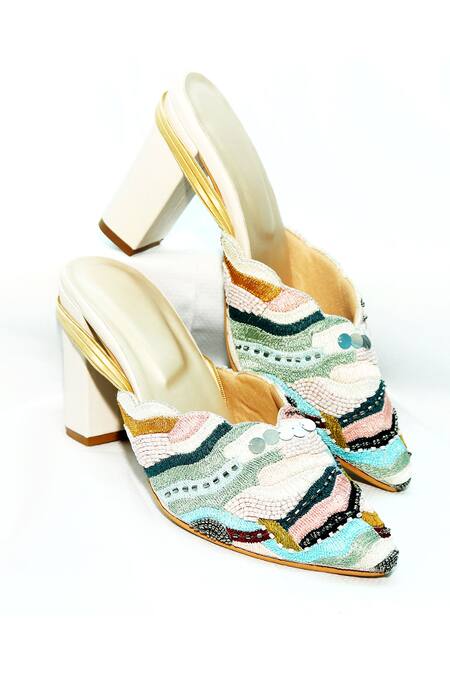 Buy_Foot Fuel_Cream Embroidery Adrian Thread Block Heels _Online_at_Aza_Fashions