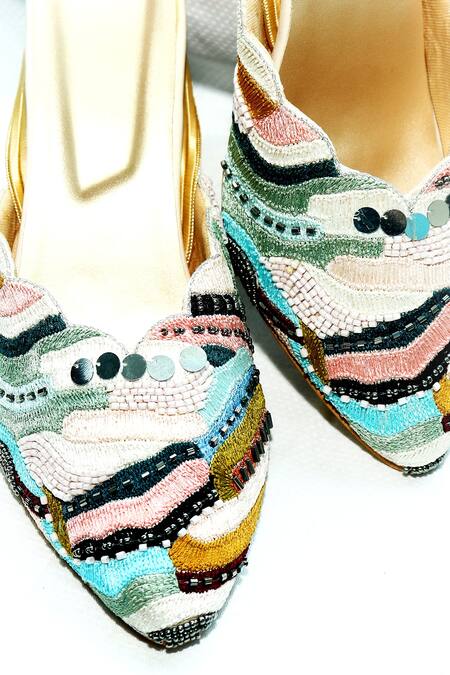 Shop_Foot Fuel_Cream Embroidery Adrian Thread Block Heels _Online_at_Aza_Fashions