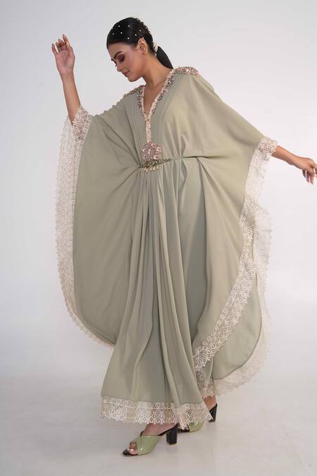 Shop_Merge Design_Green Georgette, Crepe Embroidery V-neck Stone Placket Kaftan _Online_at_Aza_Fashions
