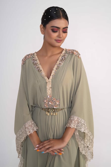 Merge Design_Green Georgette, Crepe Embroidery V-neck Stone Placket Kaftan _at_Aza_Fashions