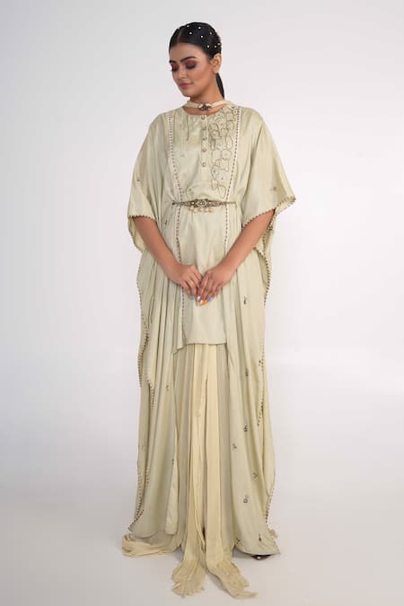 Merge Design_Green Georgette, Chiffon, Crepe Embroidery, Pearls, Beads Round Kurta Pant Set _Online_at_Aza_Fashions