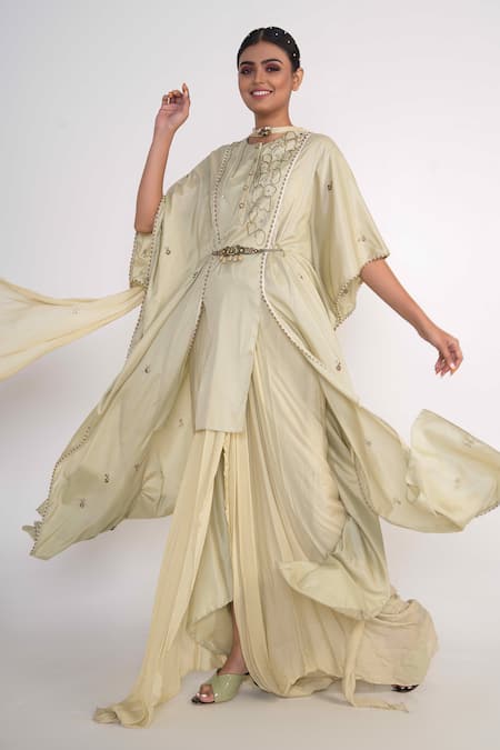 Buy_Merge Design_Green Georgette, Chiffon, Crepe Embroidery, Pearls, Beads Round Kurta Pant Set _Online_at_Aza_Fashions