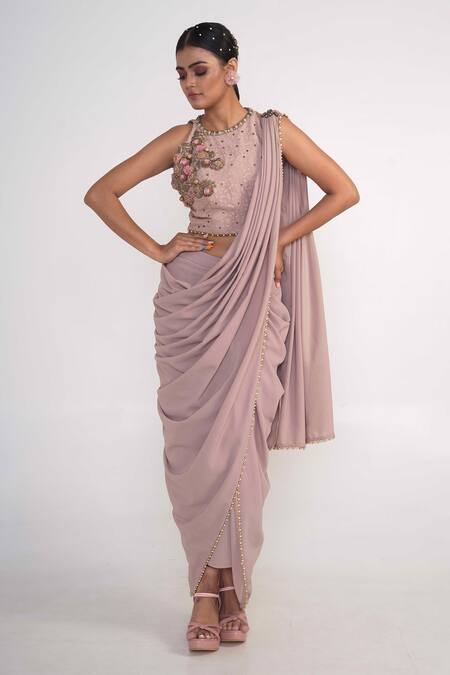 Merge Design_Pink Georgette, Crepe Beads, Embroidery Border Pre-draped Saree With Blouse _Online_at_Aza_Fashions