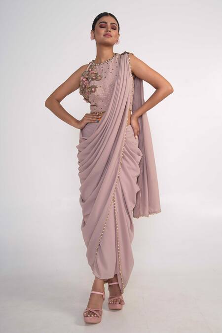 Buy_Merge Design_Pink Georgette, Crepe Beads, Embroidery Border Pre-draped Saree With Blouse _Online_at_Aza_Fashions
