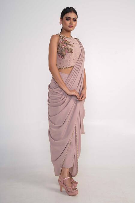 Shop_Merge Design_Pink Georgette, Crepe Beads, Embroidery Border Pre-draped Saree With Blouse _Online_at_Aza_Fashions