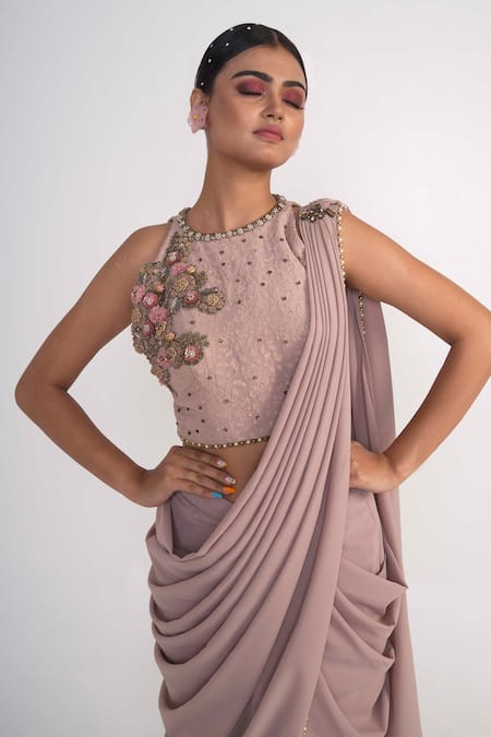 Merge Design_Pink Georgette, Crepe Beads, Embroidery Border Pre-draped Saree With Blouse _at_Aza_Fashions