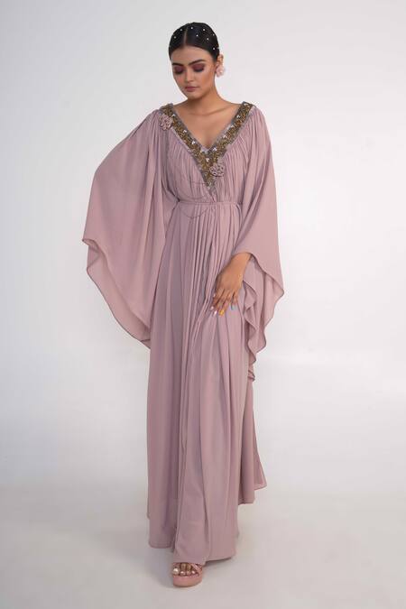 Merge Design_Pink Georgette, Crepe Stones, Embroidery, Fabric Flowers Floral Placket Kaftan _Online_at_Aza_Fashions
