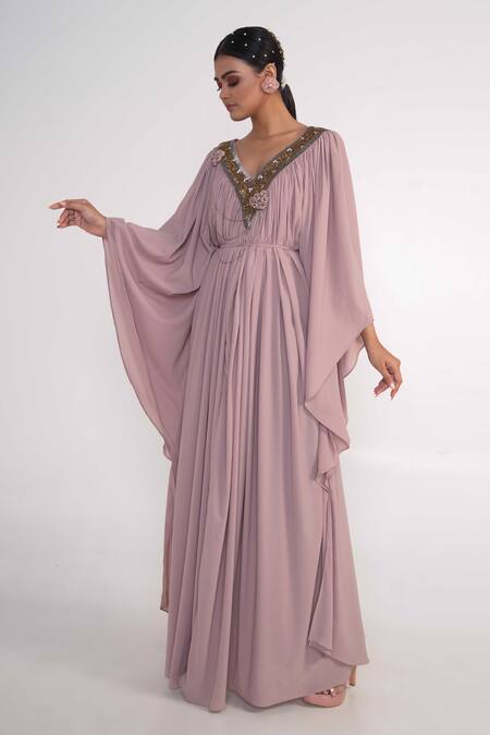 Buy_Merge Design_Pink Georgette, Crepe Stones, Embroidery, Fabric Flowers Floral Placket Kaftan _Online_at_Aza_Fashions