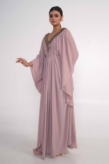 Shop_Merge Design_Pink Georgette, Crepe Stones, Embroidery, Fabric Flowers Floral Placket Kaftan _Online_at_Aza_Fashions