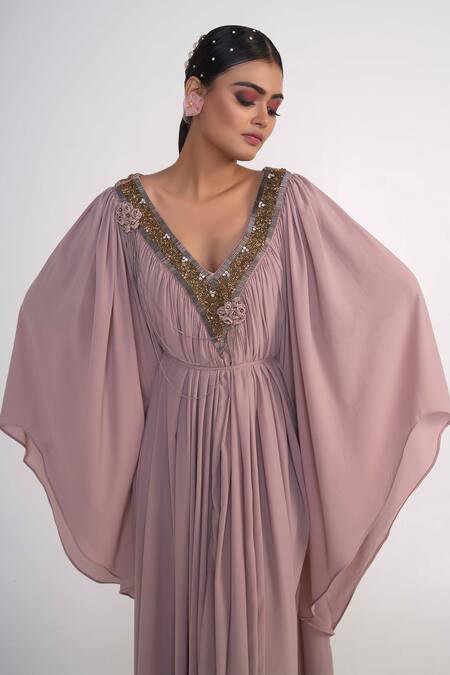Merge Design_Pink Georgette, Crepe Stones, Embroidery, Fabric Flowers Floral Placket Kaftan _at_Aza_Fashions