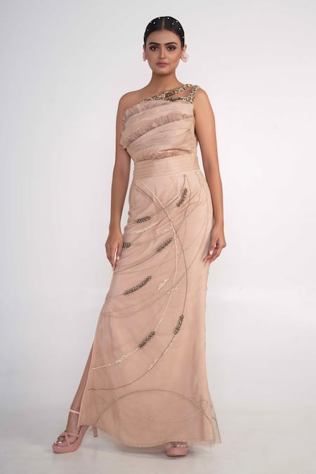 Merge Design_Beige Net, Modal, Crepe Pearls, Stones Asymmetric One Shoulder Gown _Online_at_Aza_Fashions