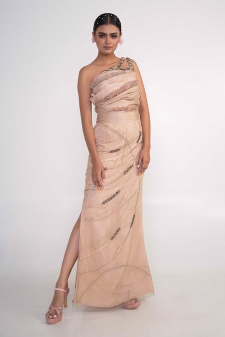 Shop_Merge Design_Beige Net, Modal, Crepe Pearls, Stones Asymmetric One Shoulder Gown _Online_at_Aza_Fashions