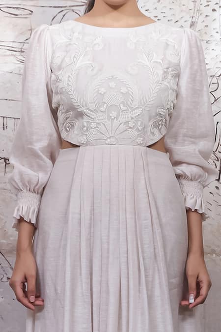 Ekru_Ivory Organza, Taffeta Embroidery Round Neck Rabbit Cut Out Gown_Online_at_Aza_Fashions