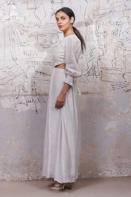 Buy_Ekru_Ivory Organza, Taffeta Embroidery Round Neck Rabbit Cut Out Gown_Online_at_Aza_Fashions