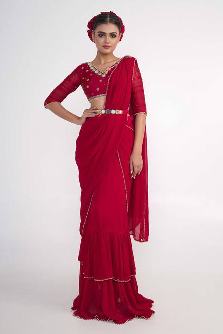 Merge Design_Red Georgette, Modal, Crepe, Satin Mirrors, Pearls Ruffle Pre-draped Saree Set _Online_at_Aza_Fashions