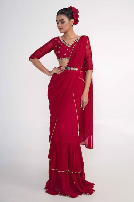 Buy_Merge Design_Red Georgette, Modal, Crepe, Satin Mirrors, Pearls Ruffle Pre-draped Saree Set _Online_at_Aza_Fashions