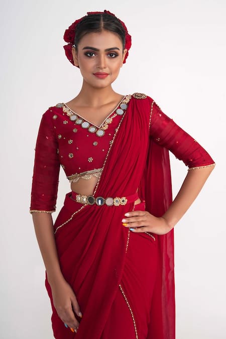 Shop_Merge Design_Red Georgette, Modal, Crepe, Satin Mirrors, Pearls Ruffle Pre-draped Saree Set _Online_at_Aza_Fashions