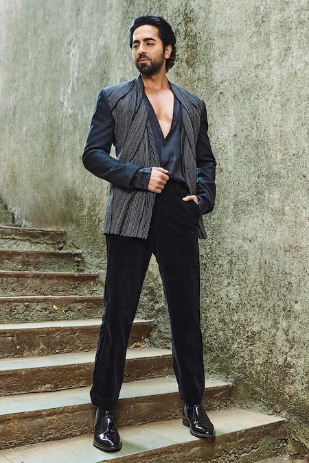 Rohit Gandhi + Rahul Khanna Black Linen Multi Panel Jacket Online at Aza Fashions Rohit Gandhi + Rahul Khanna_Black Linen Multi Panel Jacket _Online_at_Aza_Fashions