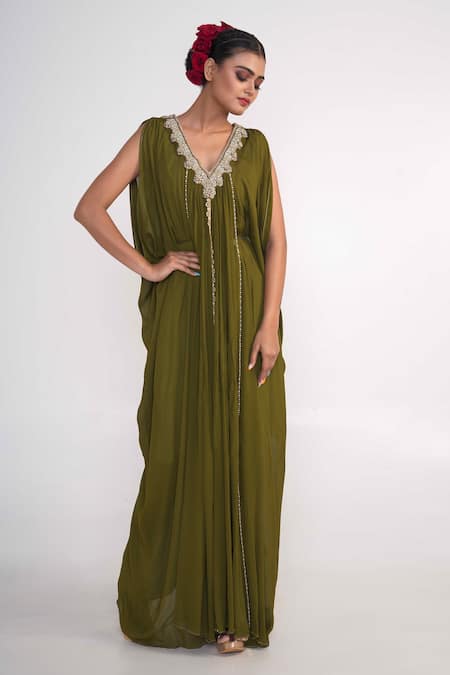 Shop_Merge Design_Green Chiffon, Crepe Embroidery V-neck Neckline Draped Gown _Online_at_Aza_Fashions