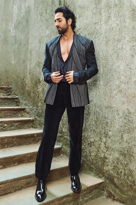 Shop Rohit Gandhi + Rahul Khanna Black Linen Multi Panel Jacket Online at Aza Fashions Shop_Rohit Gandhi + Rahul Khanna_Black Linen Multi Panel Jacket _Online_at_Aza_Fashions