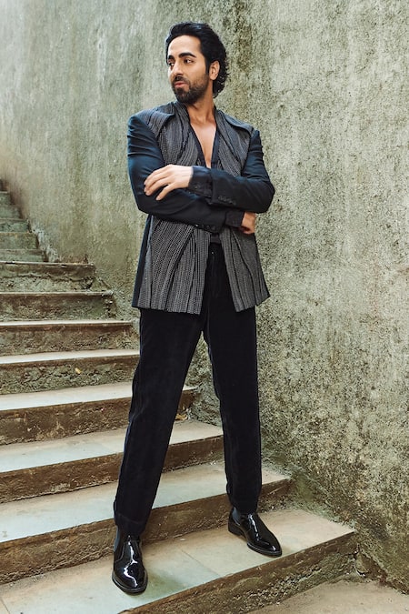 Rohit Gandhi + Rahul Khanna Black Linen Multi Panel Jacket at Aza Fashions Rohit Gandhi + Rahul Khanna_Black Linen Multi Panel Jacket _at_Aza_Fashions