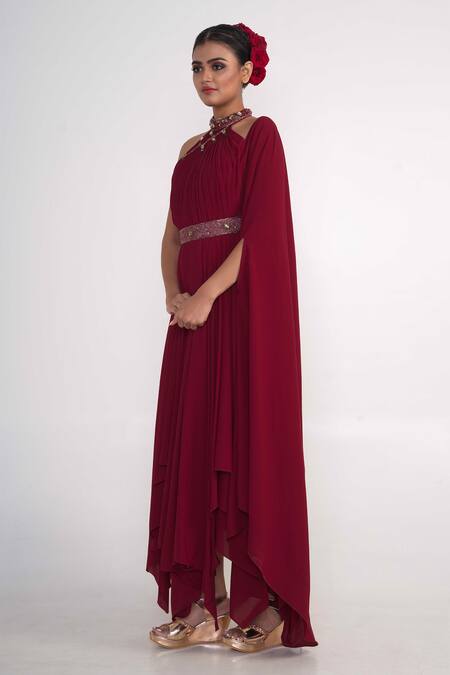Buy_Merge Design_Maroon Georgette, Crepe Embroidery, Stones Halter Neck Draped Dress _Online_at_Aza_Fashions
