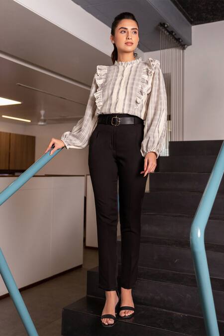 B'Infinite_Grey Cotton Striped Pattern High Neck Shirt And Trouser Set_Online_at_Aza_Fashions