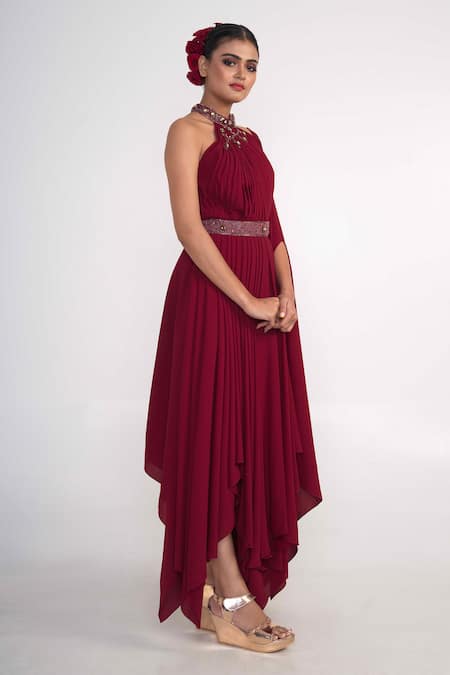 Shop_Merge Design_Maroon Georgette, Crepe Embroidery, Stones Halter Neck Draped Dress _Online_at_Aza_Fashions