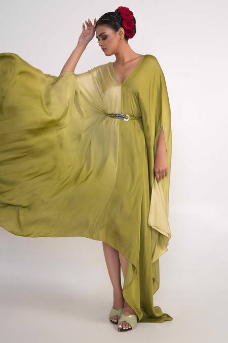 Merge Design_Green Modal, Satin Pearls V-neck Embroidered Kaftan With Belt _Online_at_Aza_Fashions